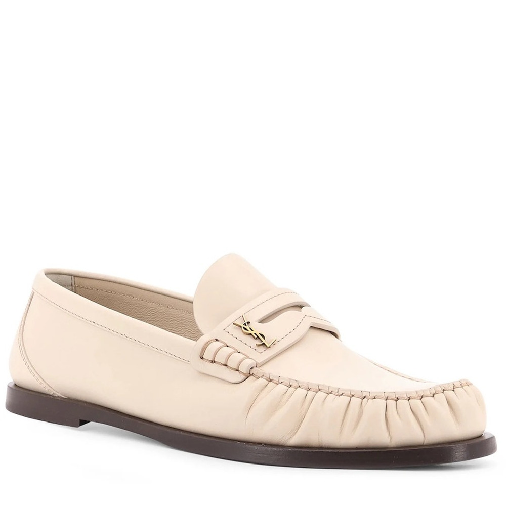 NIB Saint Laurent YSL Logo Plaque Leather Penny Loafers White 37.5